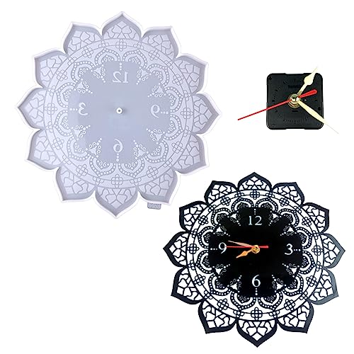 BYNYXI Mandara Uhr Silikonformen, 30.4cm Rund Uhr Gießform Silikonform mit Uhrzeiger Zifferblatt Epoxidharz Form Datura Blume Datura Hängende Uhr Harz Silikonform für Epoxy Crafting DIY Basteln von BYNYXI
