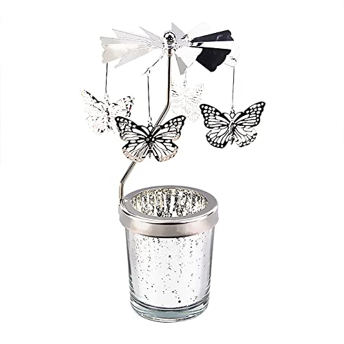BYNYXI Silber Schmetterling Kerzenhalter Glas Teelichthalter, Spinning Kerzenhalter Karussell Teelichtgläser Eisen Metall Rotierender Kerzenständer für Wohnzimmer Tischdeko Geschenke Heimdekoration von BYNYXI