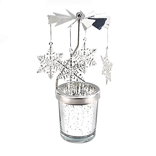 BYNYXI Silber Schneeflocke Kerzenhalter Glas Teelichthalter, Spinning Kerzenhalter Karussell Teelichtgläser Eisen Metall Rotierender Kerzenständer für Wohnzimmer Tischdeko Geschenke Heimdekoration von BYNYXI