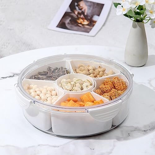 BYNYXI Snackteller mit Fächern und Deckel, Kunststoff Snackbox Runde Snack Aufbewahrungsbox 5 Schalen Süßigkeitenteller Süßigkeiten Snack Tray Snackschale Servierschale Weiß Snacktablett für Nüsse von BYNYXI