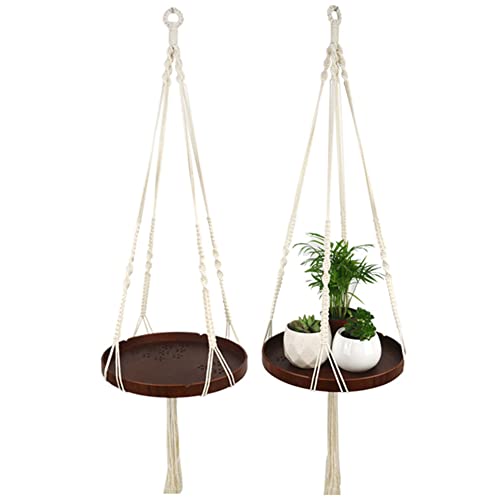 Blumenampel Makramee, Baumwollseil Hängeampel Geflochten Pflanzenhänger mit Holzregal Blumenhänger Pflanzen Halter Hängepflanze Pflanzhänger für Innen Außen Balkone Wanddekoration, Länge 120cm von BYNYXI