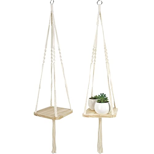 Blumenampel Makramee, Baumwollseil Hängeampel Geflochten Pflanzenhänger mit Holzregal Blumenhänger Pflanzen Halter Hängepflanze Pflanzhänger für Innen Außen Balkone Wanddekoration, Länge 105cm von BYNYXI