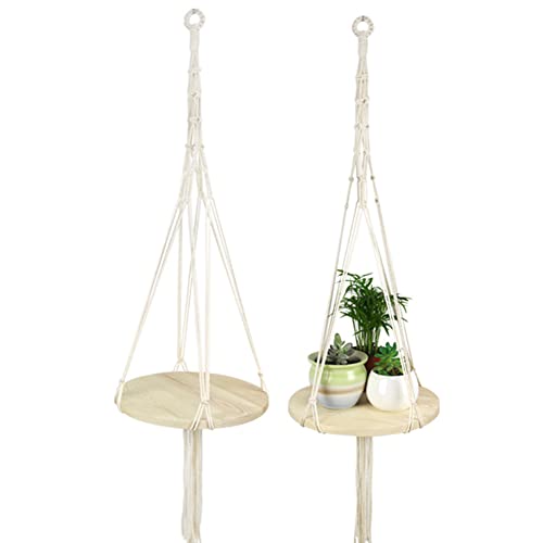 Blumenampel Makramee, Baumwollseil Hängeampel Geflochten Pflanzenhänger mit Holzregal Blumenhänger Pflanzen Halter Hängepflanze Pflanzhänger für Innen Außen Balkone Wanddekoration, Länge 120cm von BYNYXI