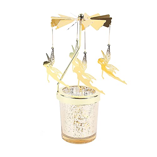 Fee Karussell Kerzenhalter drehbar Teelichthalter, Gold Teelicht Karussell Glas Teelichthalter Schmetterling Kerzenständer Teelichtkarussel Metall Schneeman Schneeflocke Kerzenständer, Höhe 17.5cm von BYNYXI