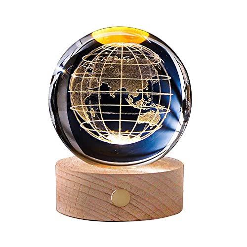 Globus Kristallkugel Nachtlicht, USB Touch Nachtlampe 3D Ball Lampe mit Holzsockel Weißes Licht Raum Mond Erde Astronaut 8cm Sonnensystem Galaxy Kristallkugel Nachttischlampe Geschenke für Kinder von BYNYXI