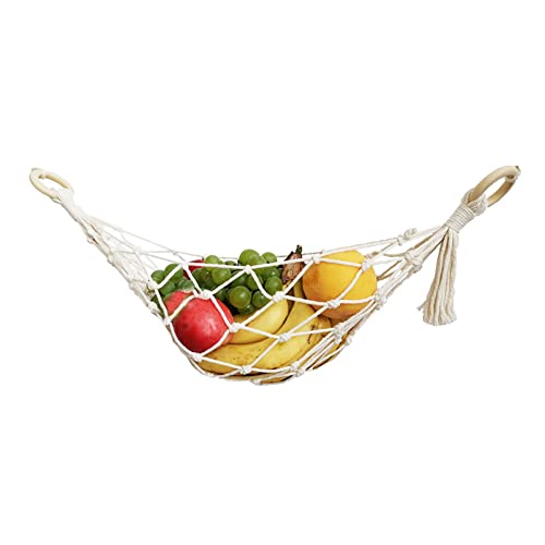Makramee Obst Hängematte, Hängende Obstkörbe Gewebter Hängekorb mit Haken Obstkorb Hängematte unter Schrank, Gemüse Obst Halter Netz Obstschale Makramee Geflochten Deko für Küche 48cm/60cm von BYNYXI
