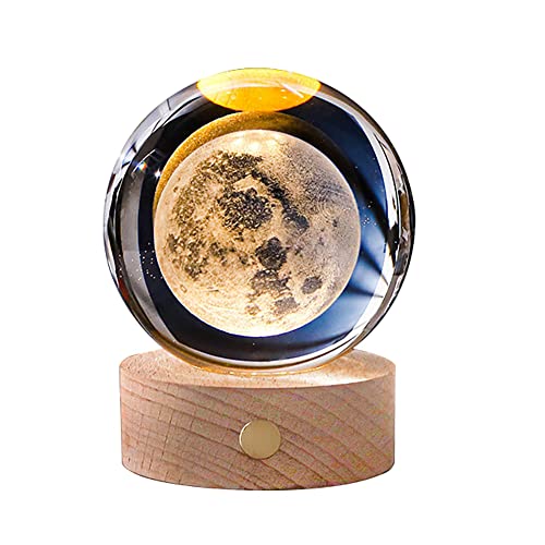 Mond Kristallkugel Nachtlicht, USB Touch Nachtlampe 3D Ball Lampe mit Holzsockel Weißes Licht Raum Mond Erde Astronaut 8cm Sonnensystem Galaxy Kristallkugel Nachttischlampe Geschenke für Kinder von BYNYXI