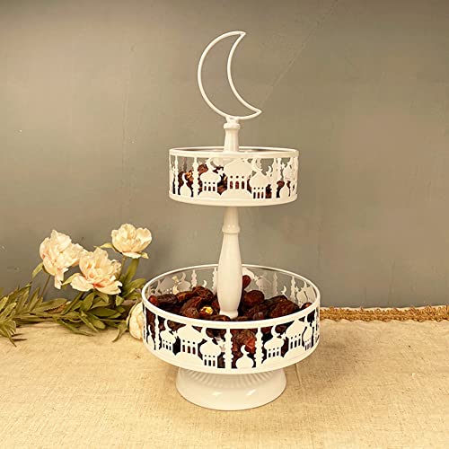 Ramadan Dessert Tablett, Doppellagiges Gebäck Tablett Eisen Serviertablett Gold Schwarz Mond und Stern Schwarz Ramadan Essteller Tablett für Islam Muslim Party Festival Tischdekoration,20cmx38.6cm von BYNYXI