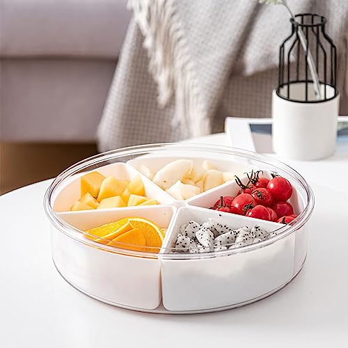 Snack Tablett mit deckel, 5 Fächern Kunststoff Snackbox Rund Snack Aufbewahrungsbox Süßigkeitenteller Snackschale Servierschale Süßigkeiten Tablett Servierteller für Nüsse Obst Süßigkeiten-26cmx7.5cm von BYNYXI