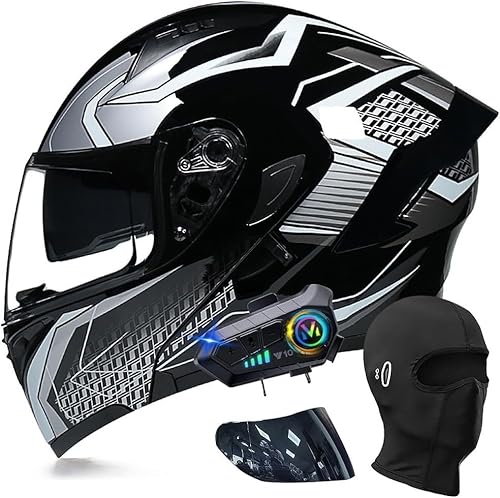 Bluetooth-Helm Motorrad Integrierter Funk Sprechanlage Motorrad-Klapphelm mit Anti-Fog-Doppelscheib Hartes Warm für Damen Herren M,L59-60CM von BYOUQ