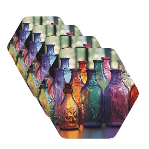 Bunte Glasflaschen-Untersetzer für Getränke, 4 Stück, Leder-Teetassen-Untersetzer, Getränkeuntersetzer für Tasse, Küche, Bar, Heimdekoration, Einweihungsgeschenk von BYPPJGH