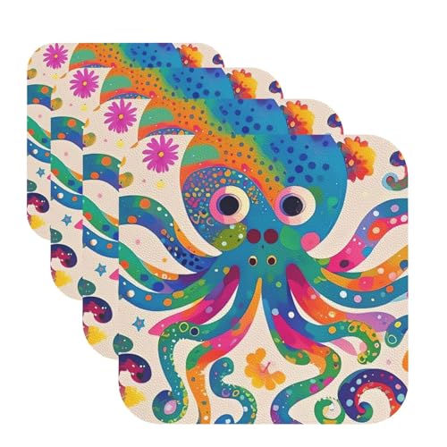 Bunte Oktopus-Untersetzer für Getränke, 4 Stück, Leder, Teetassen-Untersetzer, Getränkeuntersetzer für Tasse, Küche, Bar, Heimdekoration, Einweihungsgeschenk Bunte Oktopus-Untersetzer für Getränke, 4 Stück, Leder, Teetassen-Untersetzer, Getränkeuntersetzer für Tasse, Küche, Bar, Heimdekoration, Einweihungsgeschenk von BYPPJGH