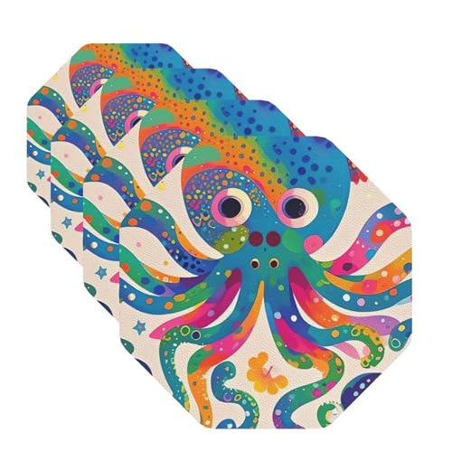 Bunte Oktopus-Untersetzer für Getränke, 4 Stück, Leder, Teetassen-Untersetzer, Getränkeuntersetzer für Tasse, Küche, Bar, Heimdekoration, Einweihungsgeschenk Bunte Oktopus-Untersetzer für Getränke, 4 Stück, Leder, Teetassen-Untersetzer, Getränkeuntersetzer für Tasse, Küche, Bar, Heimdekoration, Einweihungsgeschenk von BYPPJGH