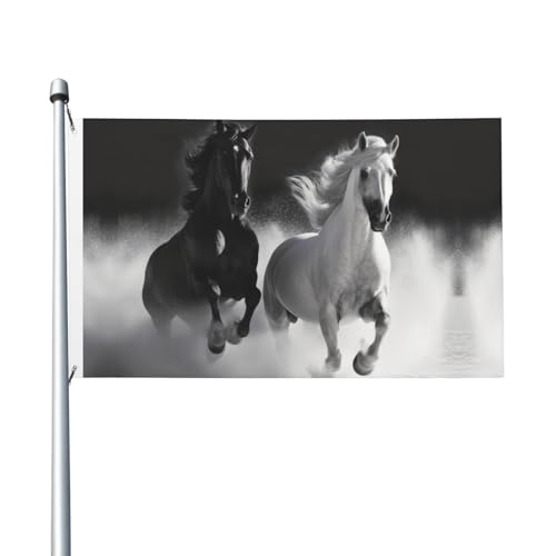Gartenflagge mit schwarzen und weißen Pferden, 90 x 150 cm, kein Verblassen, doppelseitige Hausflaggen, Outdoor-Banner, Dekoration für Innenhof, Veranda, Rasen von BYPPJGH