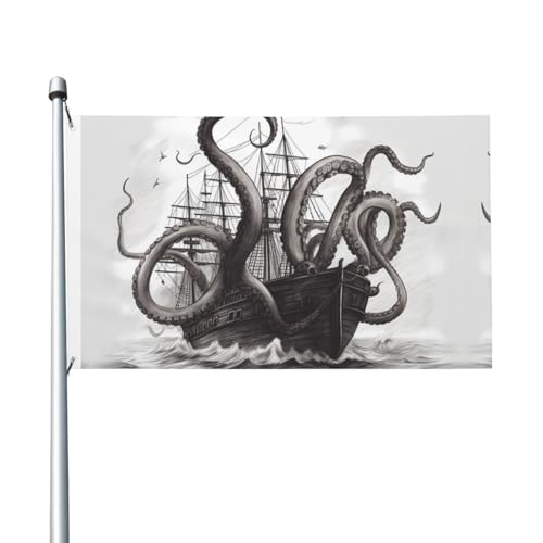 Schwarz-weiße Flagge mit Oktopus und Schiff, Willkommensflagge, 90 x 150 cm, kein Verblassen, doppelseitige Hausflaggen, Outdoor-Banner, Dekoration für Innenhof, Veranda, Rasen Schwarz-weiße Flagge mit Oktopus und Schiff, Willkommensflagge, 90 x 150 cm, kein Verblassen, doppelseitige Hausflaggen, Outdoor-Banner, Dekoration für Innenhof, Veranda, Rasen von BYPPJGH