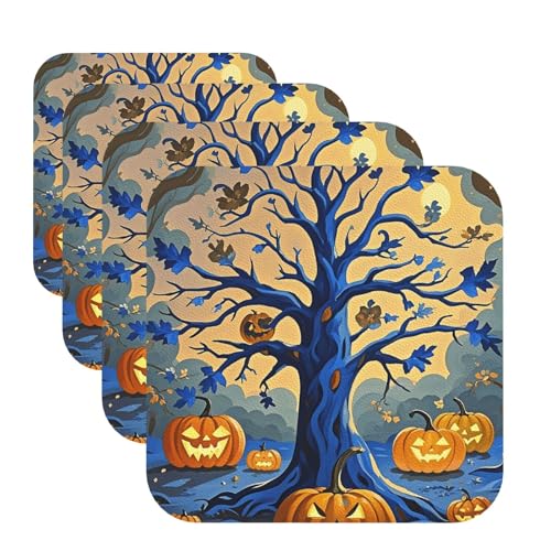 Untersetzer für Getränke, Motiv: Halloween-Kürbisbaum, Blau, 4 Stück, Leder, Teetassen-Untersetzer, Getränkeuntersetzer für Tasse, Küche, Bar, Heimdekoration, Einweihungsgeschenk von BYPPJGH