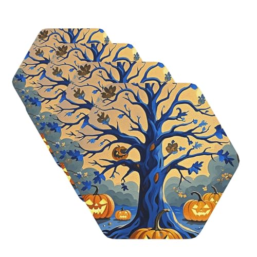Untersetzer für Getränke, Motiv: Halloween-Kürbisbaum, Blau, 4 Stück, Leder, Teetassen-Untersetzer, Getränkeuntersetzer für Tasse, Küche, Bar, Heimdekoration, Einweihungsgeschenk Untersetzer für Getränke, Motiv: Halloween-Kürbisbaum, Blau, 4 Stück, Leder, Teetassen-Untersetzer, Getränkeuntersetzer für Tasse, Küche, Bar, Heimdekoration, Einweihungsgeschenk von BYPPJGH