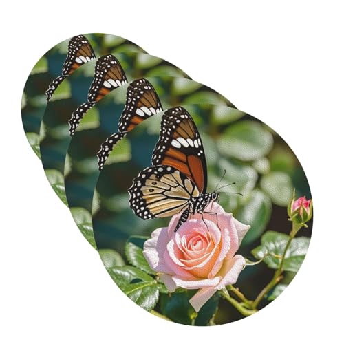 Untersetzer für Getränke, Motiv: Schmetterling und Rose, 4 Stück, Leder, Teetassen-Untersetzer, Getränkeuntersetzer für Tasse, Küche, Bar, Heimdekoration, Einweihungsgeschenk Untersetzer für Getränke, Motiv: Schmetterling und Rose, 4 Stück, Leder, Teetassen-Untersetzer, Getränkeuntersetzer für Tasse, Küche, Bar, Heimdekoration, Einweihungsgeschenk von BYPPJGH