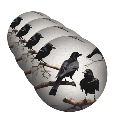 Untersetzer für Getränke, Motiv: schwarze Krähe auf einem Ast, 4 Stück, Leder, Teetassen-Untersetzer, Getränkeuntersetzer für Tasse, Küche, Bar, Heimdekoration, Einweihungsgeschenk von BYPPJGH