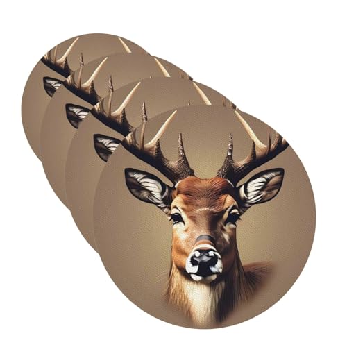Untersetzer mit Hirschkopf-Druck, 4 Stück, Leder, Teetassen-Untersetzer, Getränkeuntersetzer für Tasse, Küche, Bar, Heimdekoration, Einweihungsgeschenk von BYPPJGH