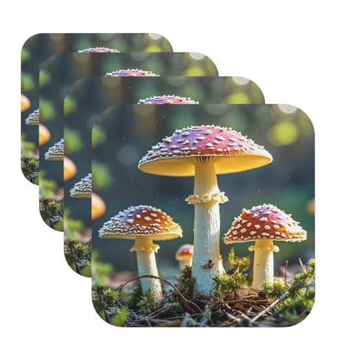 Untersetzer mit buntem Pilzbild, 4 Stück, Leder, Teetassen-Untersetzer, Getränkeuntersetzer für Tasse, Küche, Bar, Heimdekoration, Einweihungsgeschenk von BYPPJGH