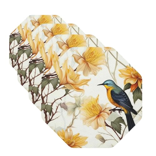 Untersetzer mit gelben Blumen und Vögeln für Getränke, 4 Stück, Leder, Teetassen-Untersetzer, Getränkeuntersetzer für Tasse, Küche, Bar, Heimdekoration, Einweihungsgeschenk von BYPPJGH