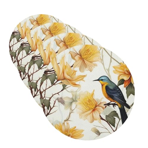 Untersetzer mit gelben Blumen und Vögeln für Getränke, 4 Stück, Leder, Teetassen-Untersetzer, Getränkeuntersetzer für Tasse, Küche, Bar, Heimdekoration, Einweihungsgeschenk von BYPPJGH