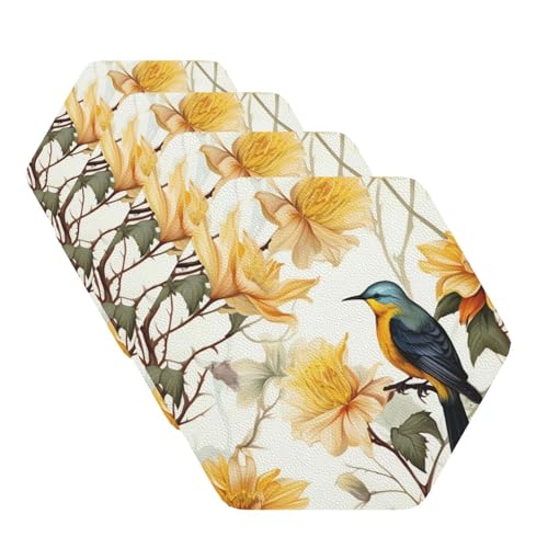 Untersetzer mit gelben Blumen und Vögeln für Getränke, 4 Stück, Leder, Teetassen-Untersetzer, Getränkeuntersetzer für Tasse, Küche, Bar, Heimdekoration, Einweihungsgeschenk Untersetzer mit gelben Blumen und Vögeln für Getränke, 4 Stück, Leder, Teetassen-Untersetzer, Getränkeuntersetzer für Tasse, Küche, Bar, Heimdekoration, Einweihungsgeschenk von BYPPJGH