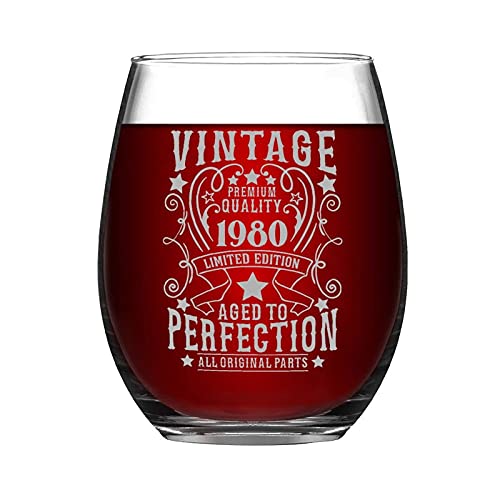 Geburtstag Vintage 1980 Premium Qualität Limited Edition Aged to Prefektion Weinglas mit Lasergravur Whiskey Glas Schnapsglas Einzigartige Neuheit Idee für Sie und Ihn, 425 ml von BYRON HOYLE