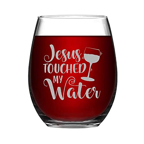 Jesus Touched My Water Lustiges Weinglas ohne Stiel, lasergraviert, Whiskeyglas, einzigartige Idee für Ihn, Ihn, Mutter, Ehefrau, Chef, Schwester, BFF, Geburtstagsgeschenke, 425 ml von BYRON HOYLE