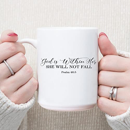 Kaffeetasse mit Bibelvers und Aufschrift "God is Within Her She Will Not Fall Psalm", 425 ml, christlicher Kaffeebecher, Keramik, lustiges Zitat, Geschenk für Frauen, Männer, Jungen, Mädchen von BYRON HOYLE