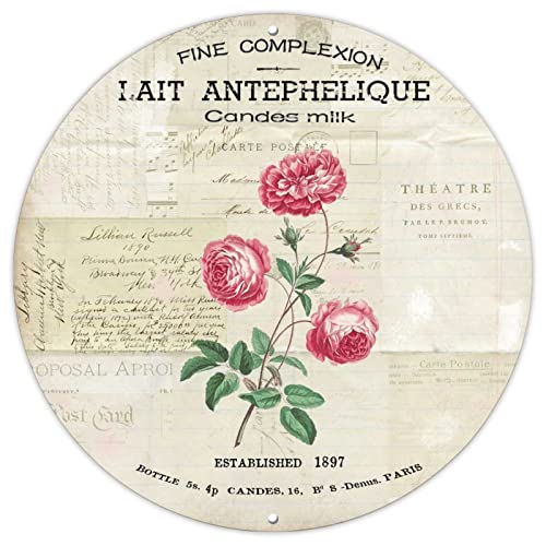Paris Lait Antephelique Rundes Metall-Blechschild Aquarell Parisien Rosen Custom Candes Milchkranz Schild Kranz Befestigung 22,9 cm French Chic Metallposter für Badezimmer, Warnung, Männerhöhle, Bar von BYRON HOYLE