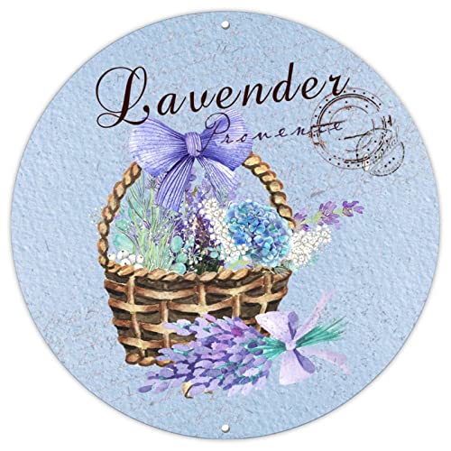 Romantisches Lavendel-Blechschild, rund, Bauernhaus-Stil, Kalligraphie, Hortensie im Korb, Aquarell-Postkarte, Metallwandkunst, Kranzbefestigung, 30,5 cm, Wandkunstschild für Küche, Bar, Café, Garage von BYRON HOYLE