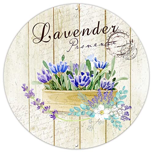 Romantisches Lavendel-Blechschild, rund, französische schicke Blume im Korb, Aquarell-Postkarte, Metallschild, Einweihungsgeschenk, 22,9 cm, Wandkunstschild für Haustür, Kneipe, Bar, Hof, Garten von BYRON HOYLE