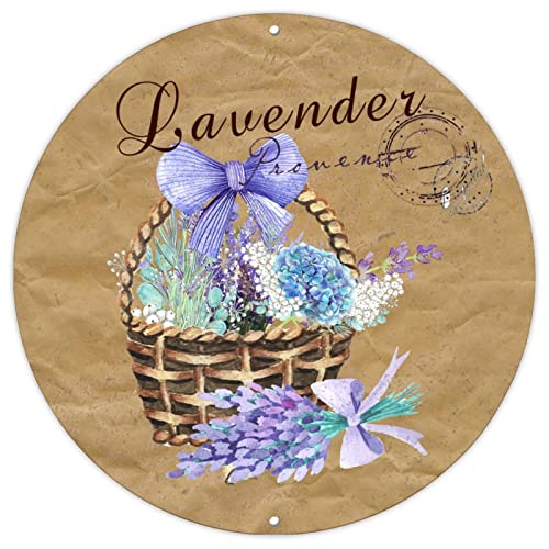 Rundes Blechschild im Bauernhaus-Stil, Kalligraphie, Hortensie im Korb, Aquarell-Postkarte, Kranz, 30,5 cm, Aluminiumschild für Büro, Haustür, Garten, Küche, Bar, Café, Garage von BYRON HOYLE