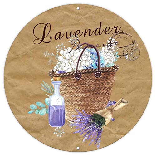 Rundes Blechschild mit romantischem Lavendel, Bauernhaus, Shabby-Blau-Weiß, Hortensie im Korb, Aquarell-Postkarte, Metall, Willkommensschild, 22,9 cm, rundes Blechschild für Büro, Haustür, Garten von BYRON HOYLE