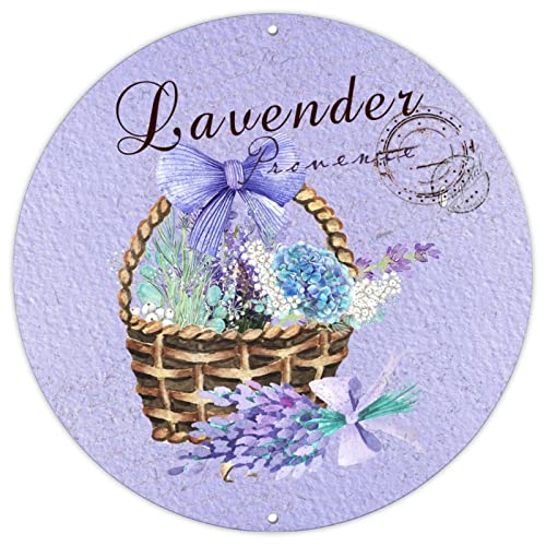 Rundes Blechschild mit romantischem Lavendel, Kalligraphie, Hortensie im Korb, Aquarell-Postkarte, Metall, Willkommensschild, 30,5 cm, Retro, Shabby, rundes Blechschild für Haustür, Pub, Bar, Hof von BYRON HOYLE