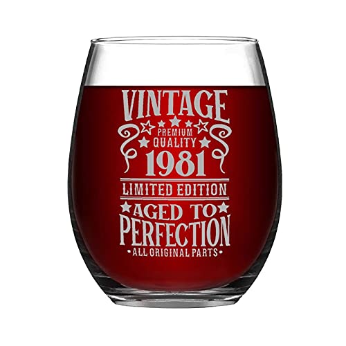 Vintage 1981 Geburtstag Limitierte Auflage Aged to Prefection Geburtstag Premiun Qualität Geburtstagsgeschenk für Männer Lustiges Weinglas ohne Stiel Laser Gravur Whiskey Glas Schnapsglas von BYRON HOYLE