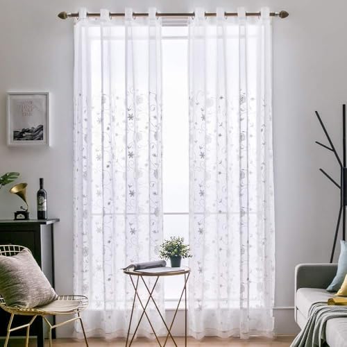 2er Set Gardinen transparent Blumen Stickerei, Moderne Stickerei Gardinen mit Ösen, 140 x 225 cm, Weiß von BYSURE