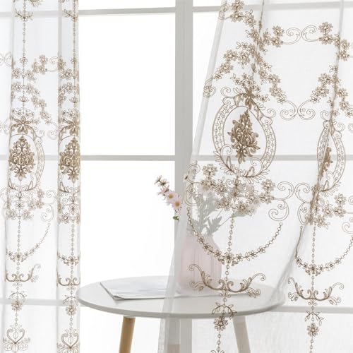 2er Set Gestickte Blumen Gardinen Für Schlafzimmer Wohn-Esszimmer Landhaus Gardinen Mit Ösen, 140 x 260 cm, Beige 2er Set Gestickte Blumen Gardinen Für Schlafzimmer Wohn-Esszimmer Landhaus Gardinen Mit Ösen, 140 x 260 cm, Beige von BYSURE