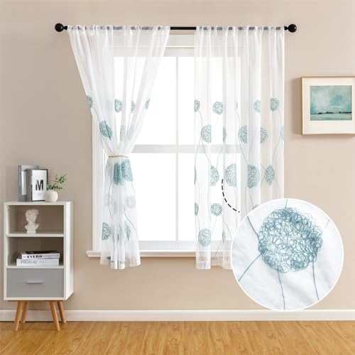 2er Set Gestickte Blumen Gardinen mit Ösen fürs Wohnzimmer Kinderzimmer Schlafzimmer, Voile, 140 x 260 cm, Blau von BYSURE