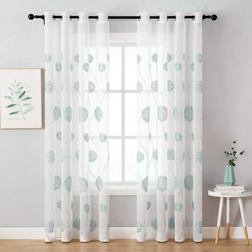 2er-Set Voile Gardinen Stickerei Vorhänge, lichtdurchlässiges Ösenschal transparent für Wohnzimmer, Schlafzimmer, Kinderzimmer, 140x175cm, Blau von BYSURE