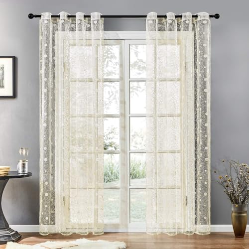 2er-Set Vorhänge Gardinen Ösen transparent mit gestickten Punkten Ösenschal Fensterschal Dekoschal für Hotels Büros Wohnzimmer Schlafzimmer Kinderzimmer, 140x225cm, Beige von BYSURE