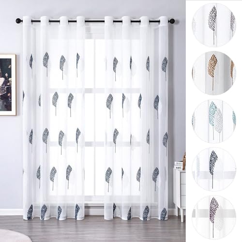 2er-Set Vorhang Blätter Stickerei mit Ösen, Voile, Blumen Gardinen,140x245cm,Blau 2er-Set Vorhang Blätter Stickerei mit Ösen, Voile, Blumen Gardinen,140x245cm,Blau von BYSURE