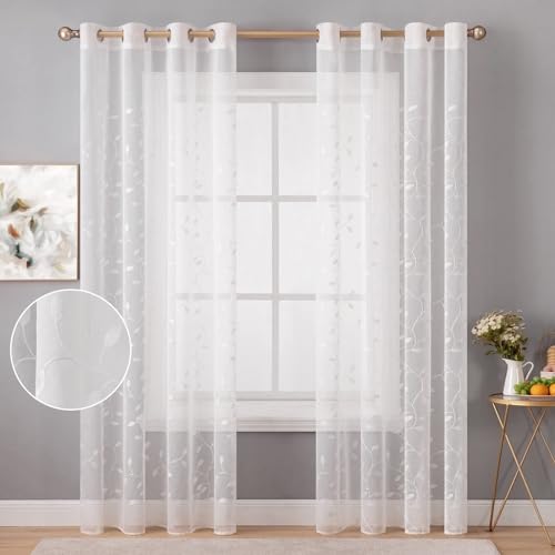 BYSURE 2er-Set Gardinen transparent Vorhang Blätter Stickerei mit Ösen Voile Vorhänge Fensterschal Dekoschal für Wohnzimmer Schlafzimmer Kinderzimmer, 140x245cm, Weiß von BYSURE