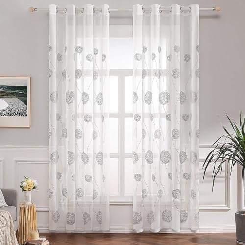 BYSURE 2er-Set Voile Gardinen Stickerei Vorhänge, lichtdurchlässiges Ösenschal transparent für Wohnzimmer, Schlafzimmer, Kinderzimmer, 140x145cm, Grau von BYSURE