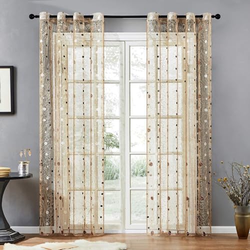 BYSURE 2er-Set Vorhänge Gardinen Ösen transparent mit gestickten Punkten Ösenschal Fensterschal Dekoschal für Hotels Büros Wohnzimmer Schlafzimmer Kinderzimmer, 140x215cm, Kaffee von BYSURE