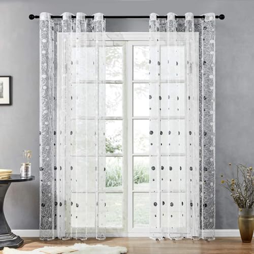 BYSURE 2er-Set Vorhänge Gardinen Ösen transparent mit gestickten Punkten Ösenschal Fensterschal Dekoschal für Hotels Büros Wohnzimmer Schlafzimmer Kinderzimmer, 140x215cm, Weiß von BYSURE