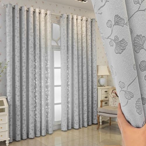 BYSURE 2er-Set Vorhänge Jacquard Gardinen Halbtransparent mit Ginkgoblatt Muster Romantisch Dekoschal Ösenvorhänge für Schlafzimmer Wohnzimmer, 100x250cm, Grau von BYSURE