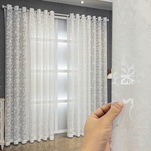 BYSURE 2er-Set Vorhänge Jacquard Gardinen mit Blumenmuster, schöne Ösenschal Halbtransparent, Dekoration Ösen Gardinen für Wohnzimmer Schlafzimmer Kinderzimmer, 100x250cm, Weiß von BYSURE